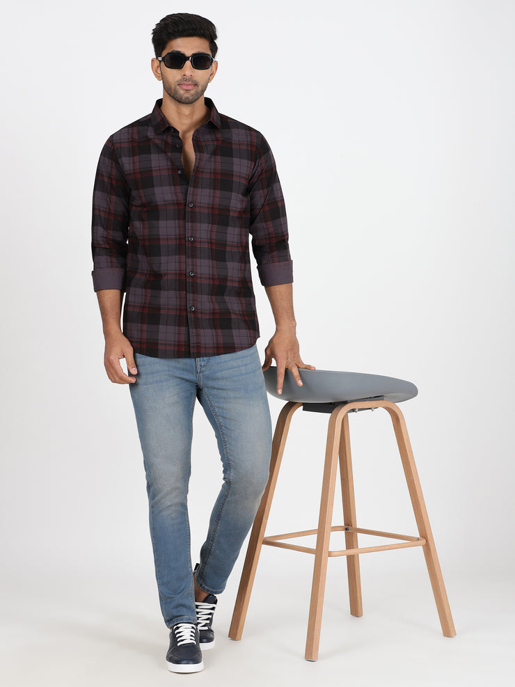 Checkered Slim Fit Full-Sleeve Shirt - Black & Red (GP084)