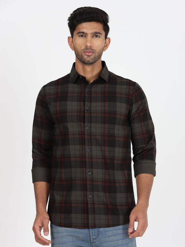 Checkered Slim Fit Full-Sleeve Shirt - Dark Green & Red (GP085)
