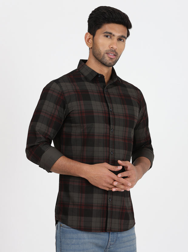 Checkered Slim Fit Full-Sleeve Shirt - Dark Green & Red (GP085)