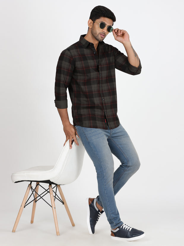 Checkered Slim Fit Full-Sleeve Shirt - Dark Green & Red (GP085)