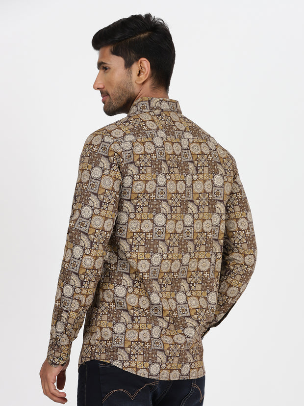 Brown and Beige Mosaic Print Slim Fit Full-Sleeve Shirt (GP017)