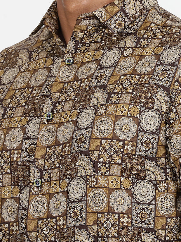 Brown and Beige Mosaic Print Slim Fit Full-Sleeve Shirt (GP017)