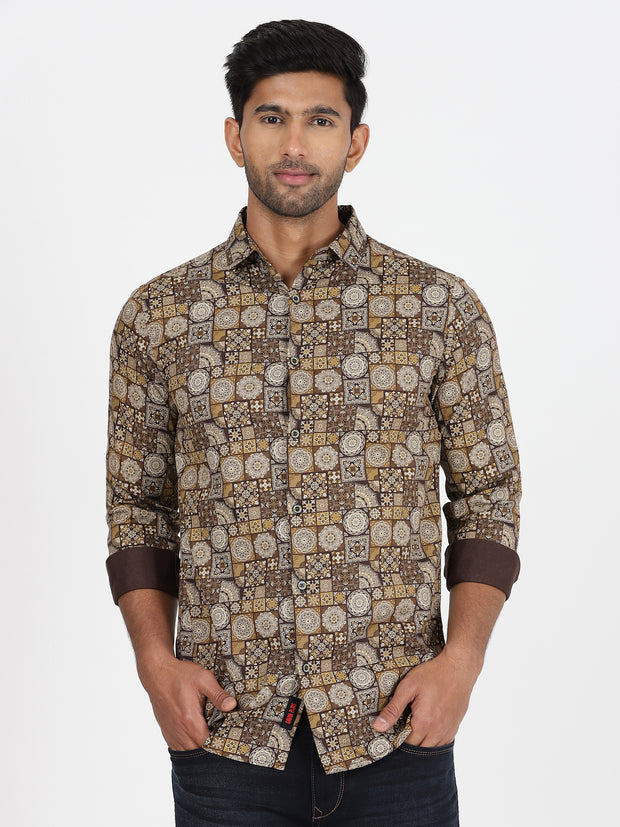 Brown and Beige Mosaic Print Slim Fit Full-Sleeve Shirt (GP017)