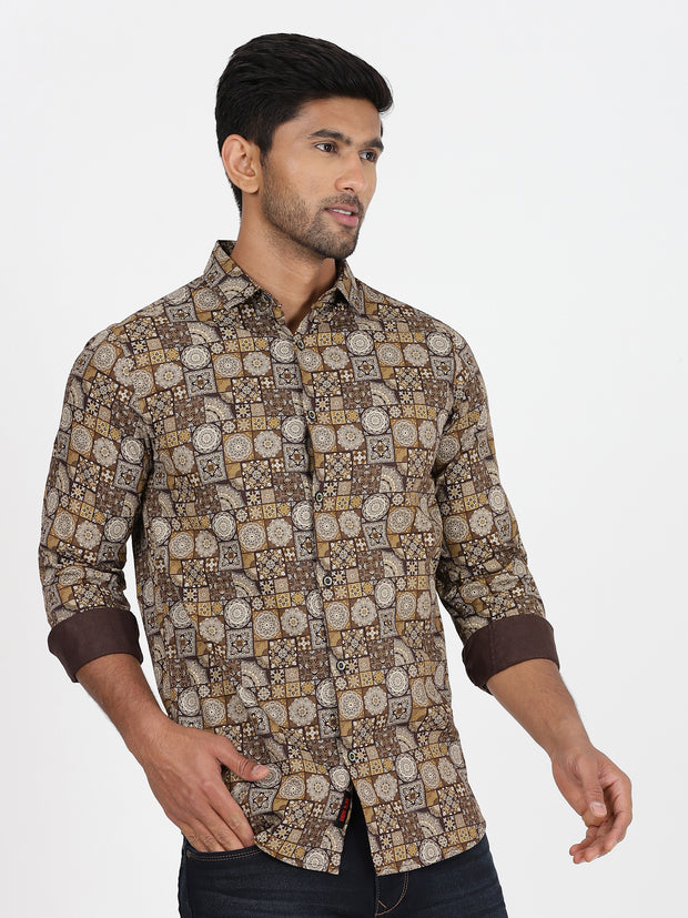 Brown and Beige Mosaic Print Slim Fit Full-Sleeve Shirt (GP017)