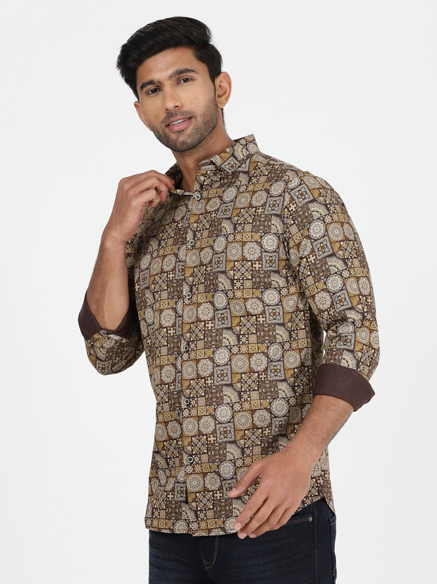 Brown and Beige Mosaic Print Slim Fit Full-Sleeve Shirt (GP017)