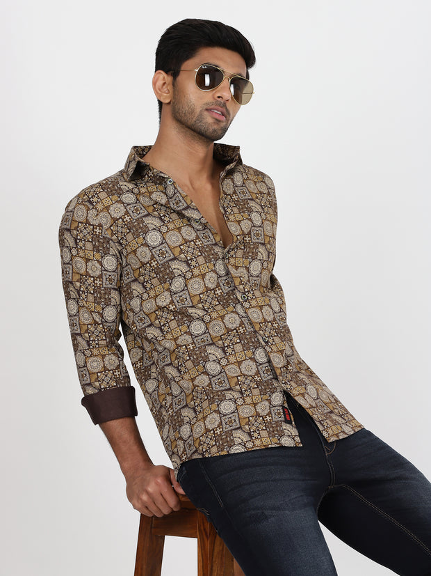 Brown and Beige Mosaic Print Slim Fit Full-Sleeve Shirt (GP017)