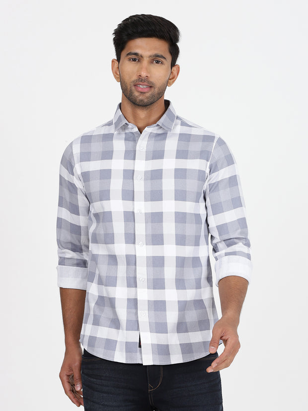 Checkered Slim Fit Full Sleeve Shirt - Grey & White (GP107)
