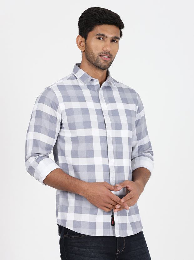 Checkered Slim Fit Full Sleeve Shirt - Grey & White (GP107)