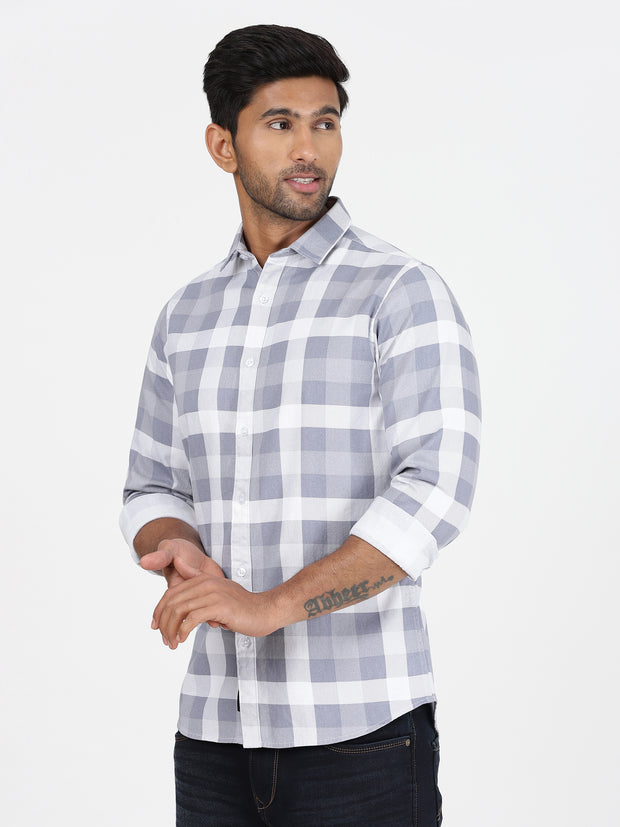Checkered Slim Fit Full Sleeve Shirt - Grey & White (GP107)