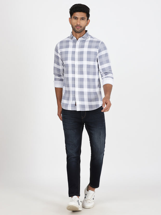 Checkered Slim Fit Full Sleeve Shirt - Grey & White (GP107)