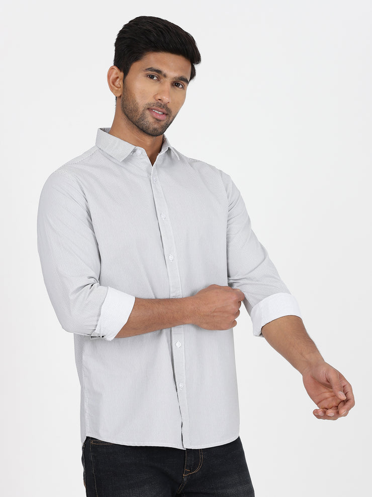 Striped Cotton Slim Fit Full-Sleeve Shirt - Grey and White (GP080)