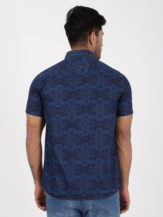 Half Sleeve Slim Fit Shirt - Navy Blue Geometric Pattern (GP089)