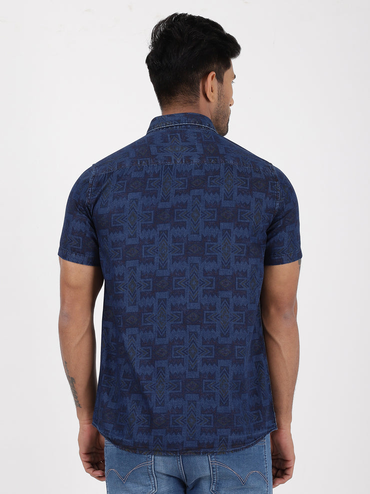 Half Sleeve Slim Fit Shirt - Navy Blue Geometric Pattern (GP089)