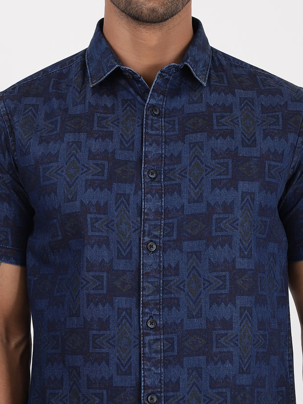 Half Sleeve Slim Fit Shirt - Navy Blue Geometric Pattern (GP089)