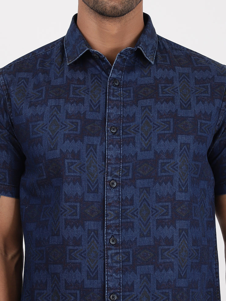 Half Sleeve Slim Fit Shirt - Navy Blue Geometric Pattern (GP089)
