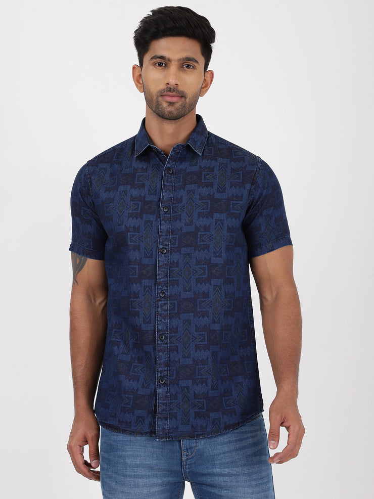 Half Sleeve Slim Fit Shirt - Navy Blue Geometric Pattern (GP089)