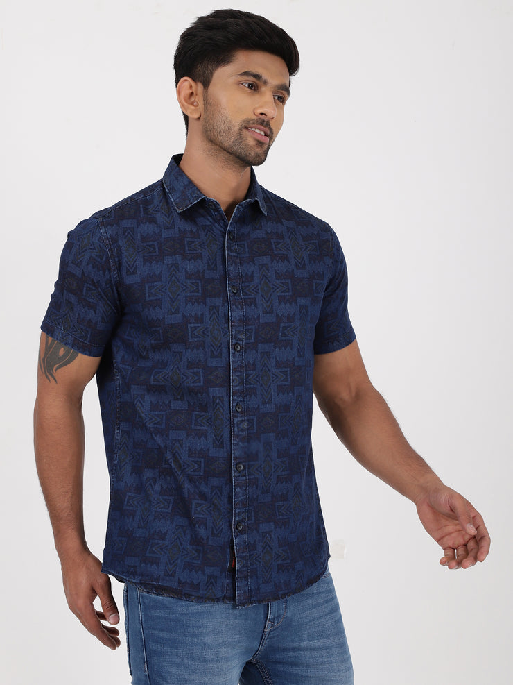 Half Sleeve Slim Fit Shirt - Navy Blue Geometric Pattern (GP089)