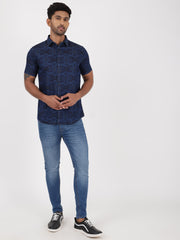 Half Sleeve Slim Fit Shirt - Navy Blue Geometric Pattern (GP089)