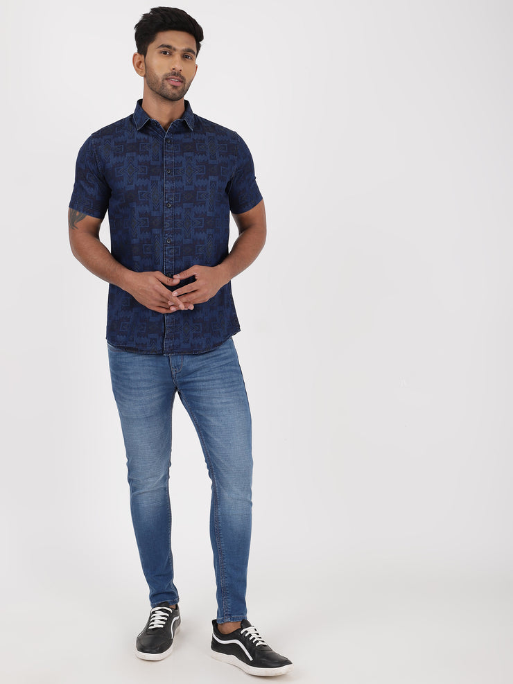 Half Sleeve Slim Fit Shirt - Navy Blue Geometric Pattern (GP089)