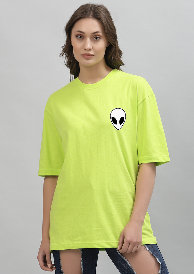 Alien Face Neon Green Drop-Shoulder Oversized Tee for Women