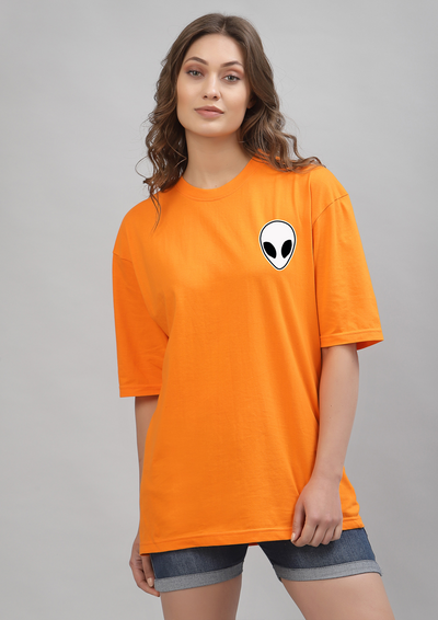 Alien Face Neon Orange Drop Shoulder Oversized Tee for Women