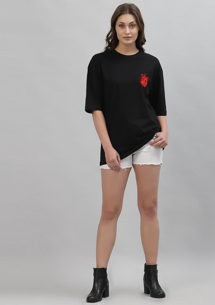 Red Heart Black Oversized Tee for Women