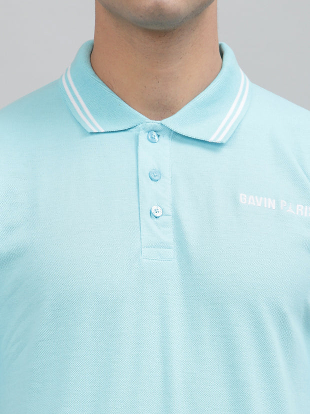 Brand Embroidered Sky Blue Pique Polo Shirt by Gavin Paris