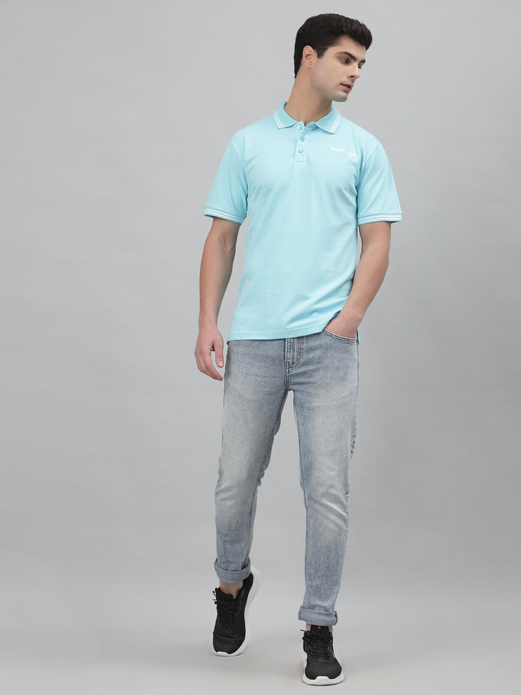 Brand Embroidered Sky Blue Pique Polo Shirt by Gavin Paris