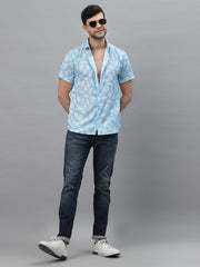 White Leaf Print Blue Half Sleeve Shirt