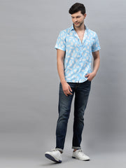 White Leaf Print Blue Half Sleeve Shirt