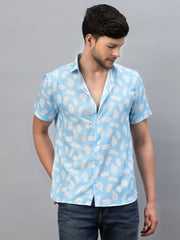 White Leaf Print Blue Half Sleeve Shirt