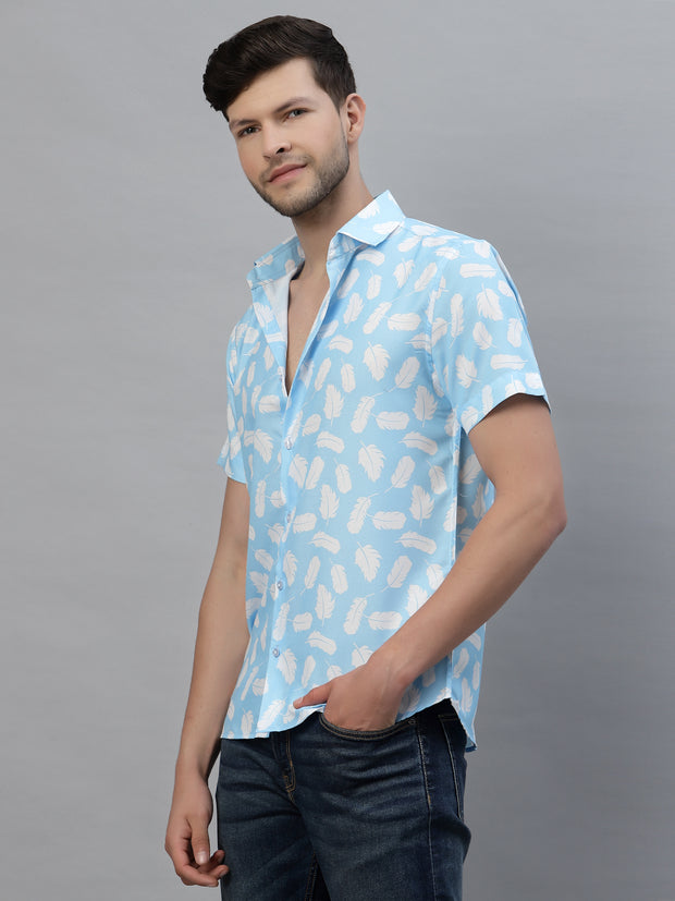 White Leaf Print Blue Half Sleeve Shirt