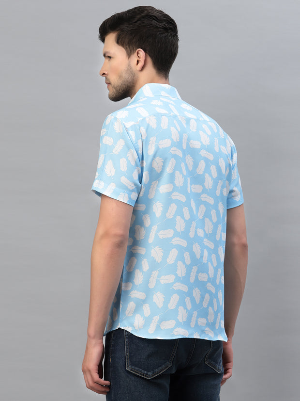 White Leaf Print Blue Half Sleeve Shirt