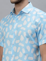 White Leaf Print Blue Half Sleeve Shirt