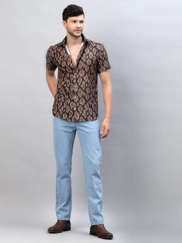 BROWN SANKE SKIN PRINT HALF SLEEVE SHIRT