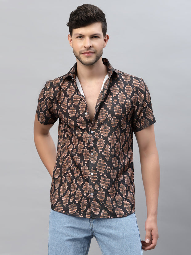 BROWN SANKE SKIN PRINT HALF SLEEVE SHIRT