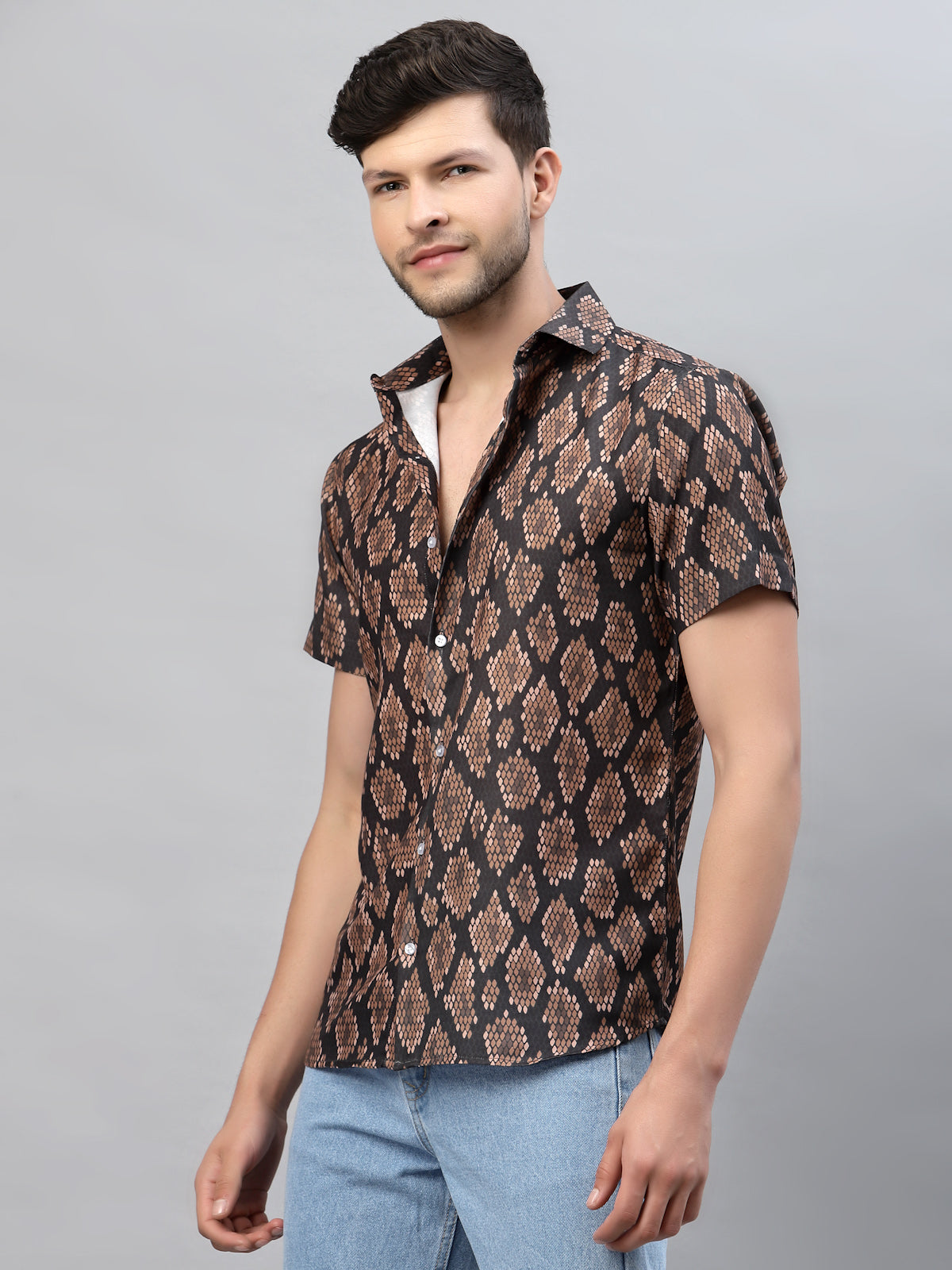 Brown Snake Skin Print Half Sleeve Shirt By Gavin Paris