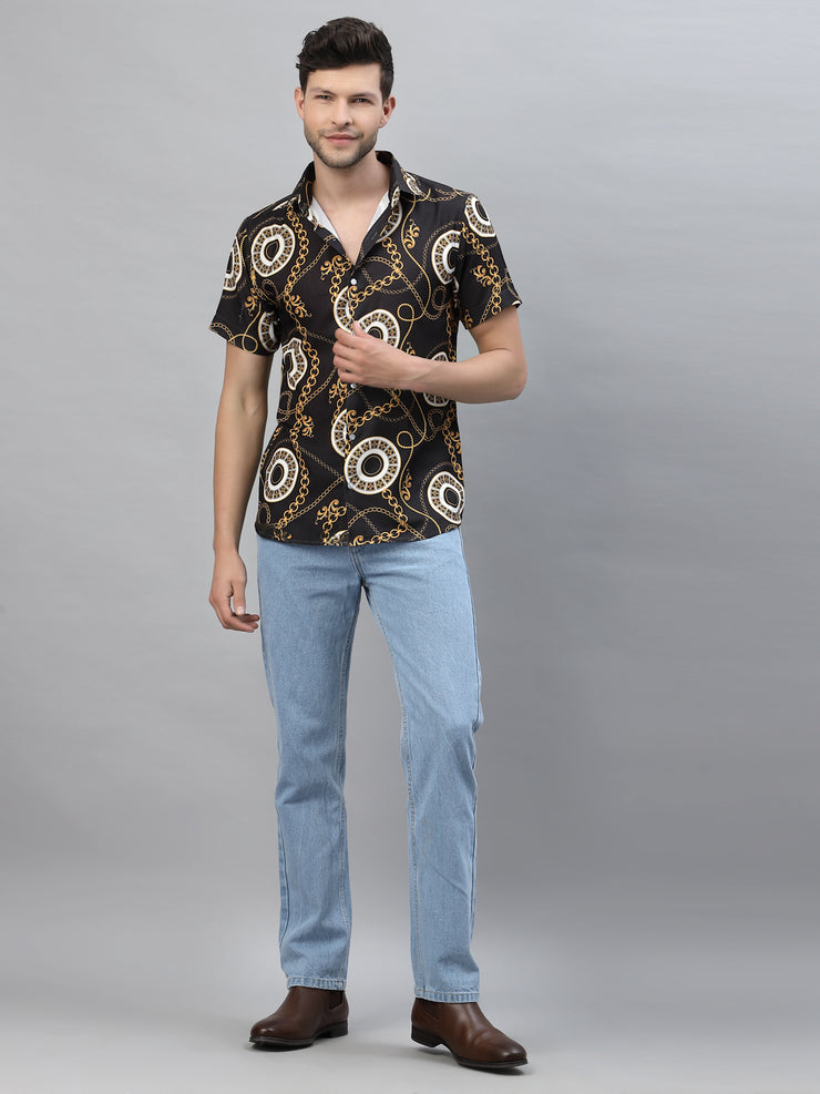 Golden Chain Printed Black Half Sleeve Shirt