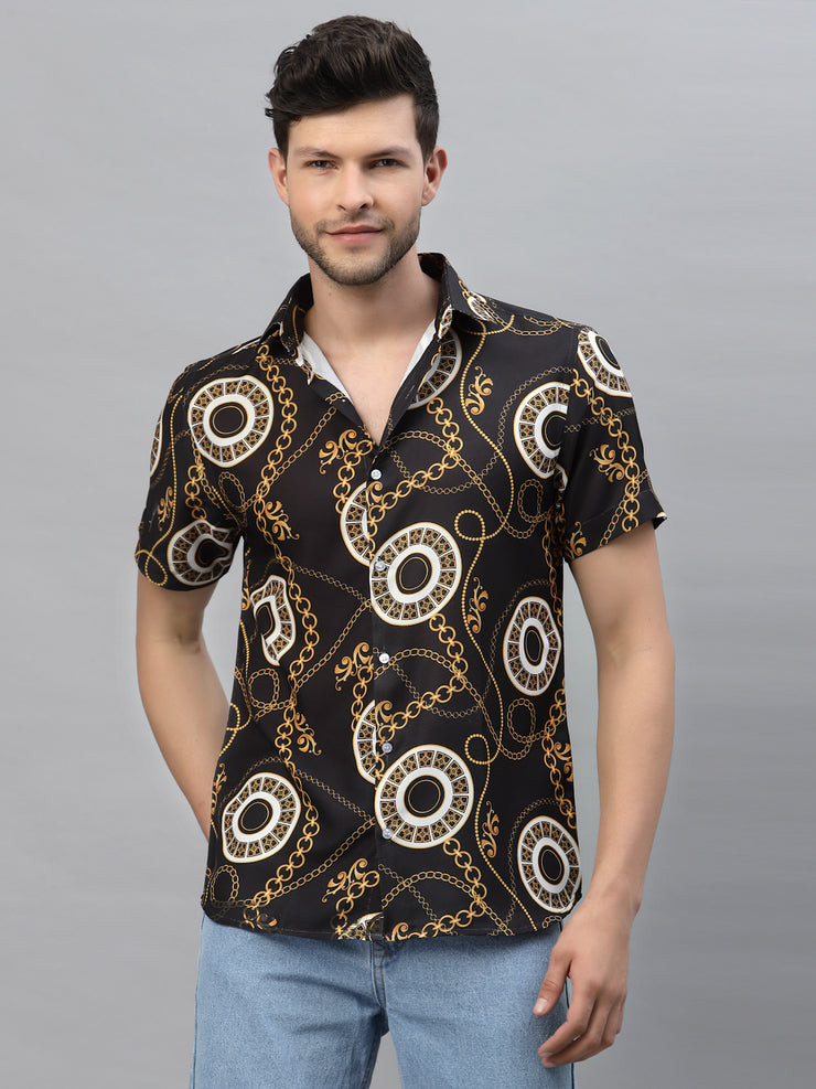 Golden Chain Printed Black Half Sleeve Shirt