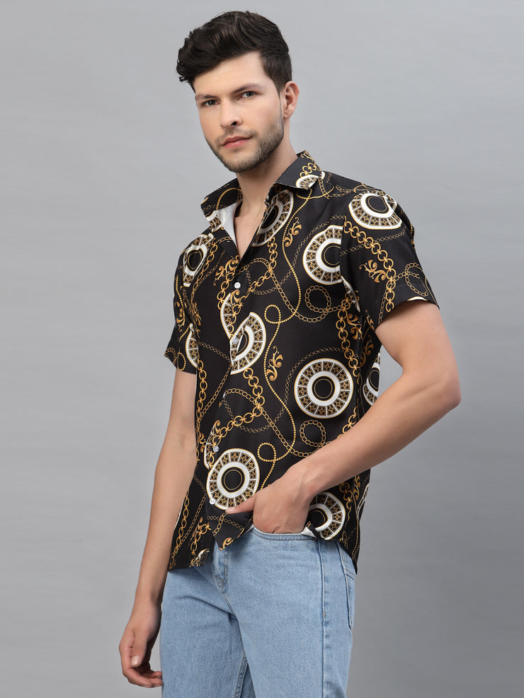 Golden Chain Printed Black Half Sleeve Shirt
