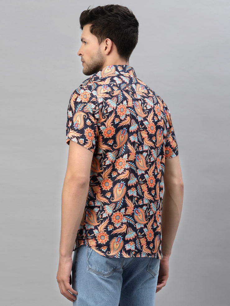 BLUE FLORAL PRINT HALF SLEEVE SHIRT