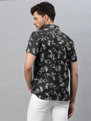 DRAGON PRINT BLACK HALF SLEEVE SHIRT