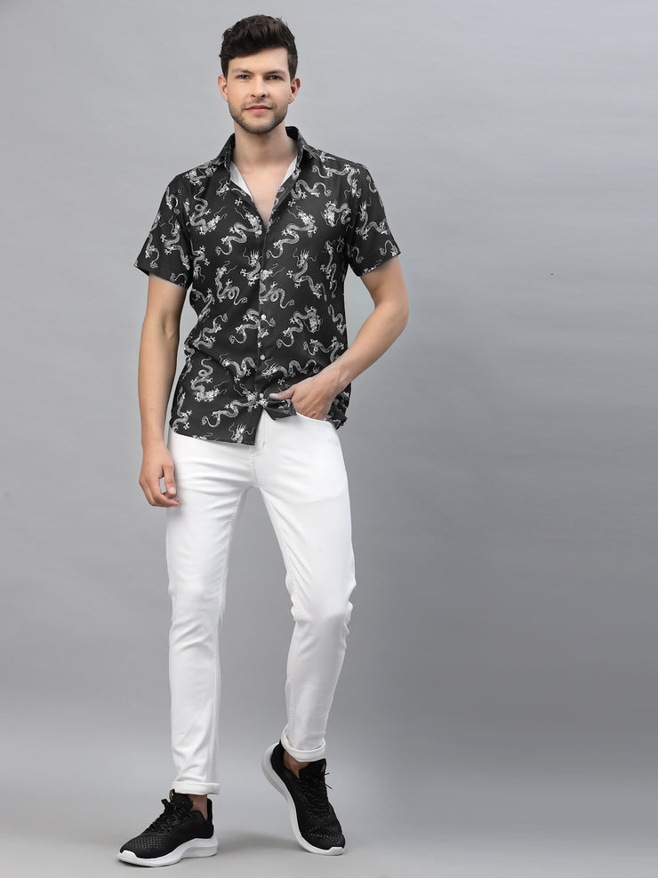 DRAGON PRINT BLACK HALF SLEEVE SHIRT