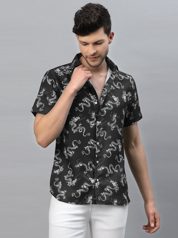 DRAGON PRINT BLACK HALF SLEEVE SHIRT