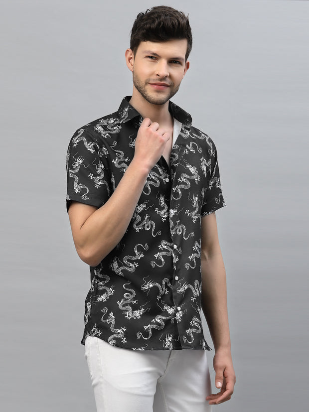 DRAGON PRINT BLACK HALF SLEEVE SHIRT