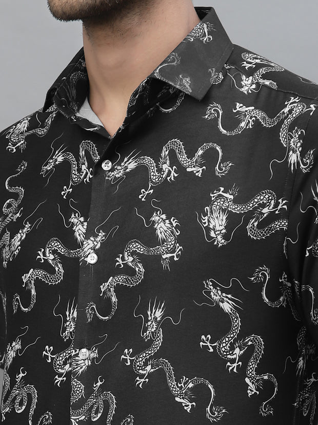 DRAGON PRINT BLACK HALF SLEEVE SHIRT